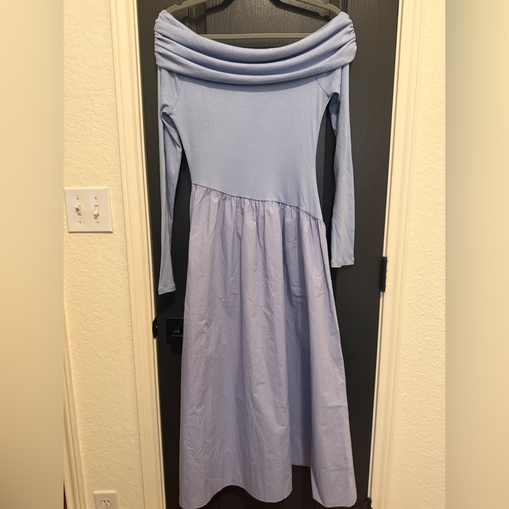 ASTR The Label Mixed Media Off The Shoulder Dress | Blue | Medium - Picture 6 of 7